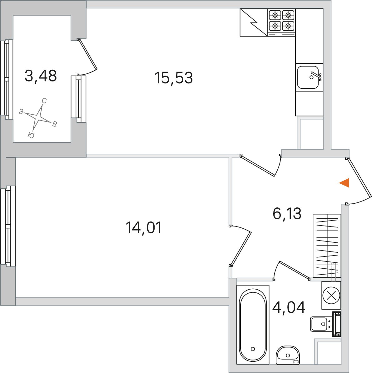 Планировка: 1-комнатная квартира, 39,7 м²