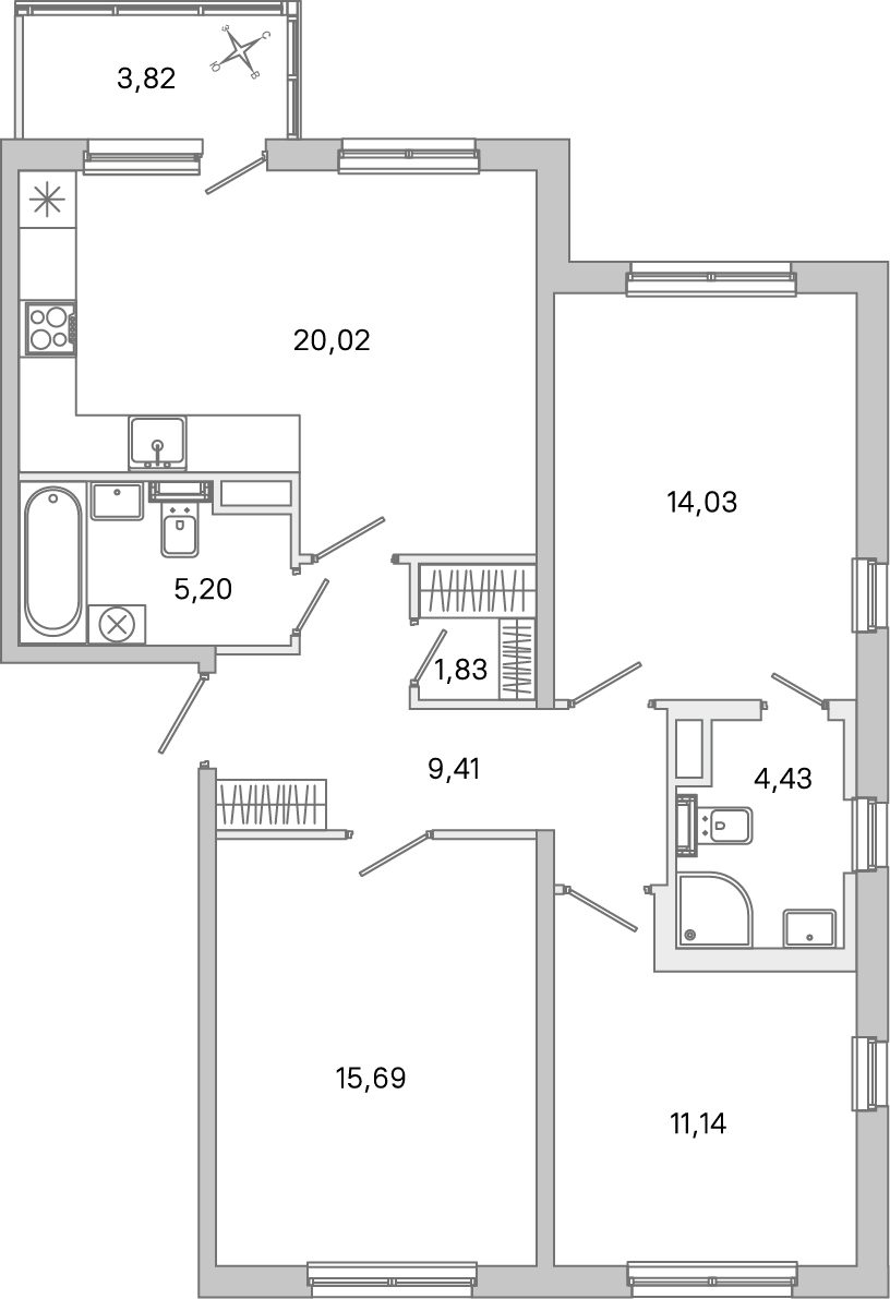 Планировка: 3-комнатная квартира, 81,8 м²