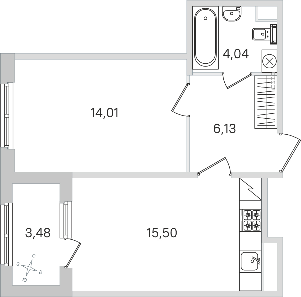 Планировка: 1-комнатная квартира, 39,7 м²