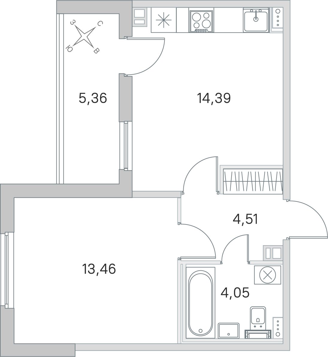 Планировка: 1-комнатная квартира, 36,4 м²