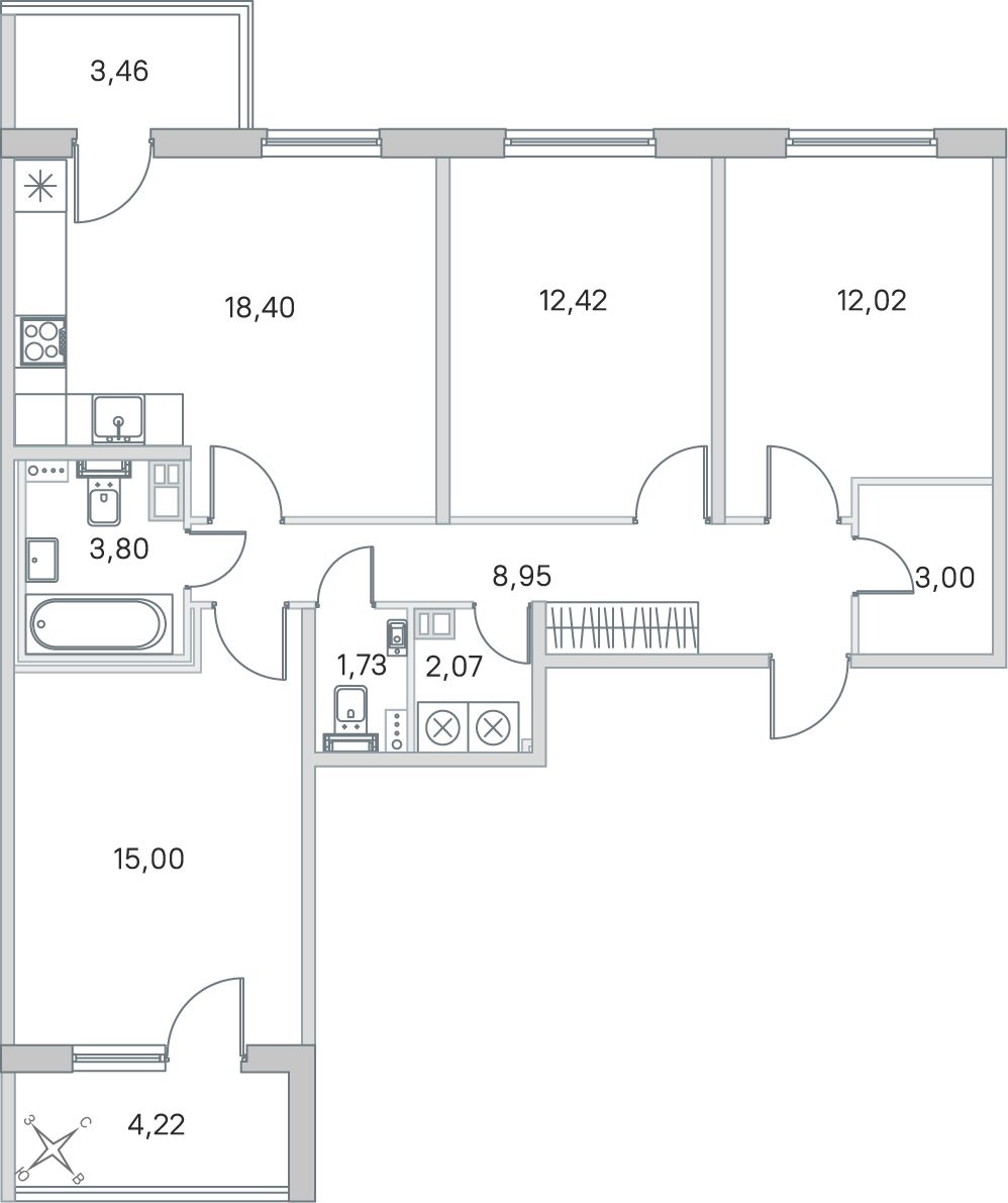 Планировка: 3-комнатная квартира, 77,4 м²