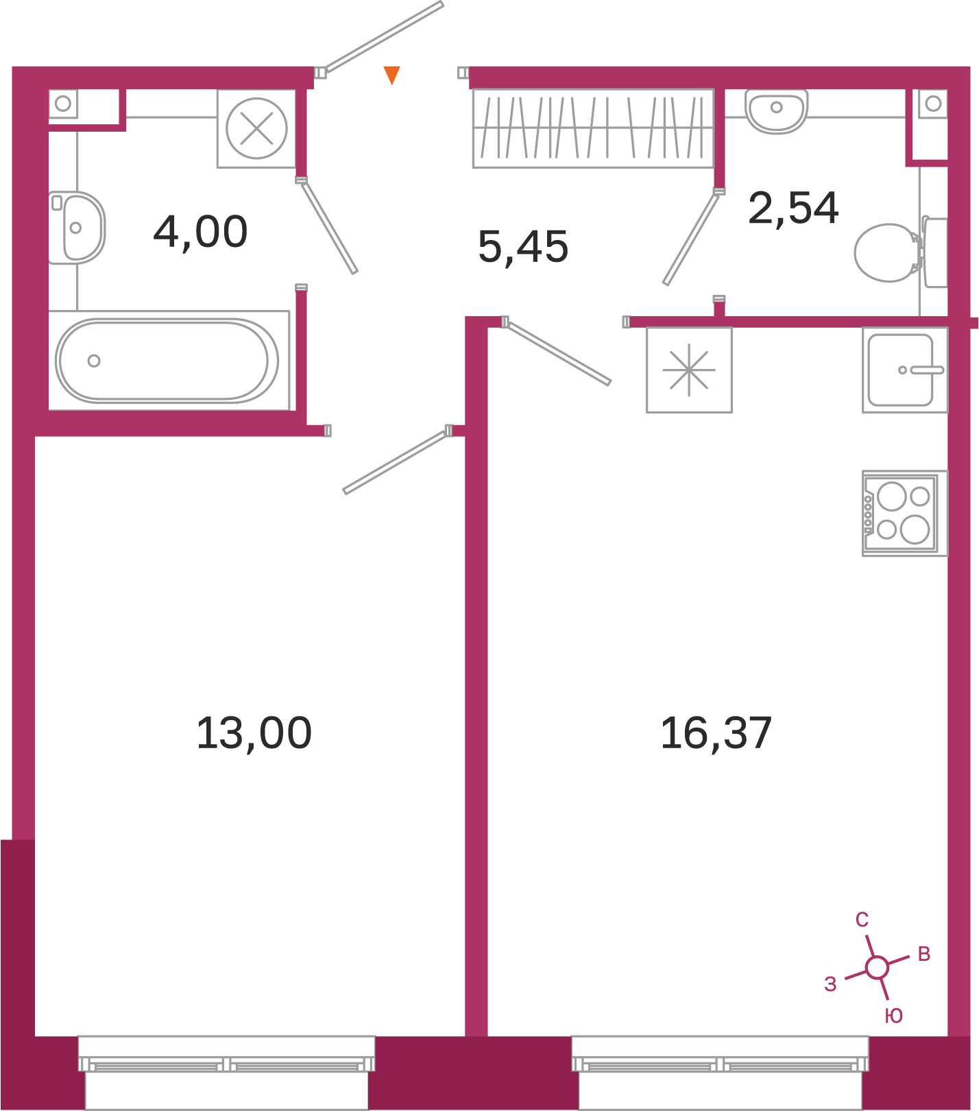 Планировка: 1-комнатная квартира, 41,4 м²