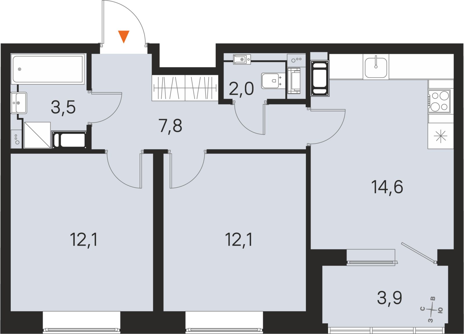 Планировка: 2-комнатная квартира, 52,1 м²