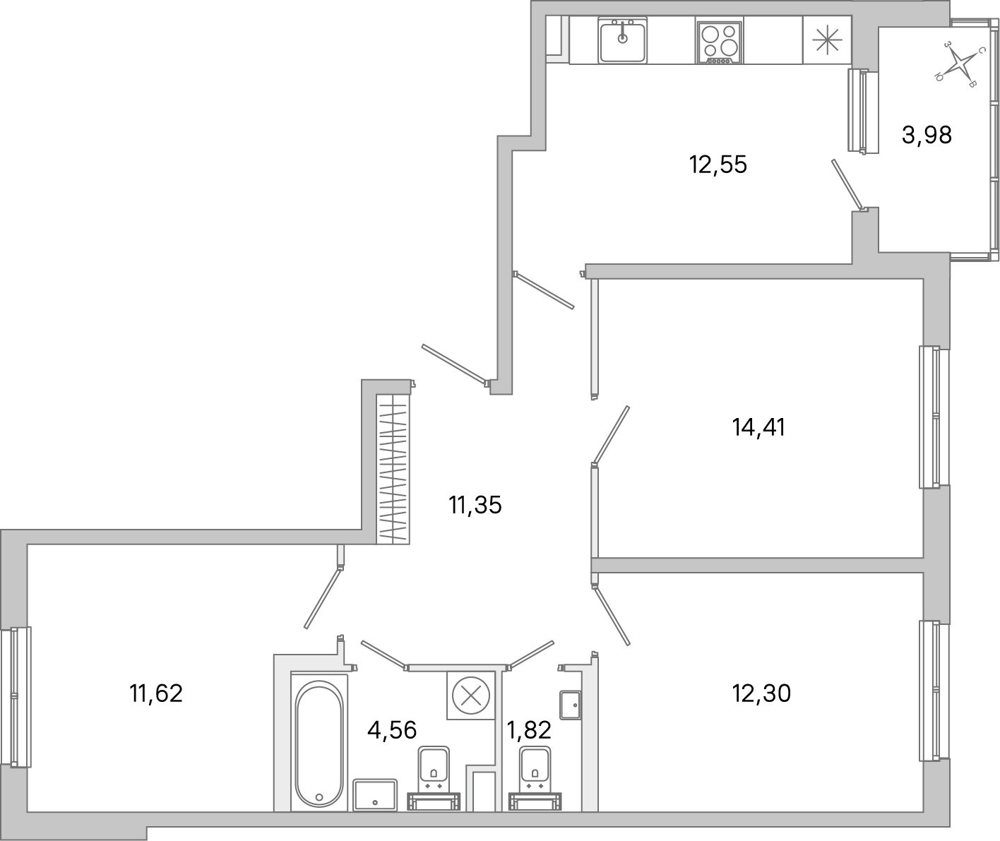 Планировка: 3-комнатная квартира, 68,6 м²