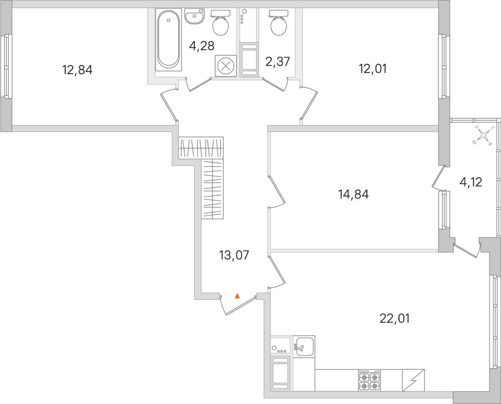 Планировка: 3-комнатная квартира, 81,4 м²