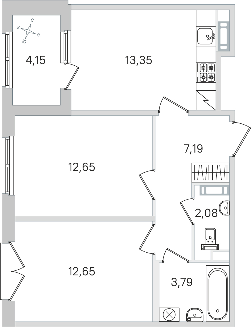 Планировка: 2-комнатная квартира, 51,7 м²
