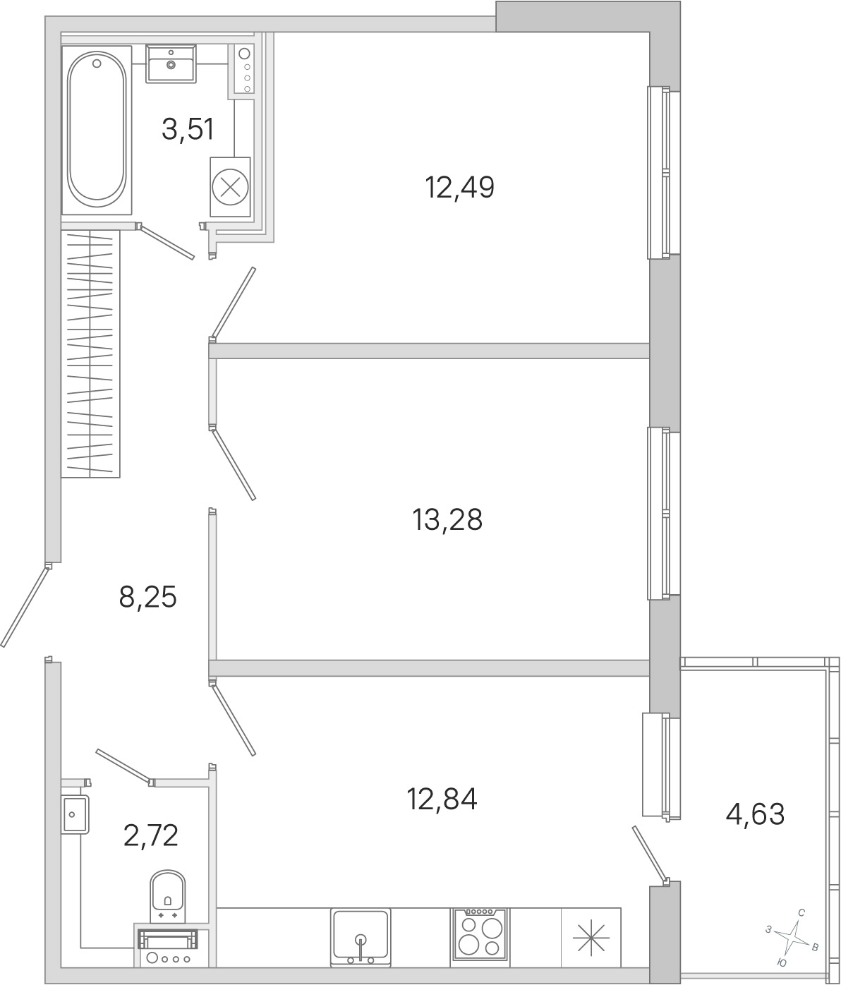 Планировка: 2-комнатная квартира, 53,1 м²