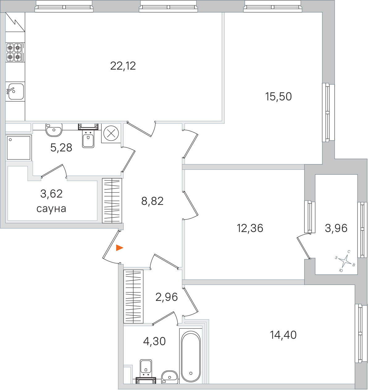 Планировка: 3-комнатная квартира, 89,4 м²