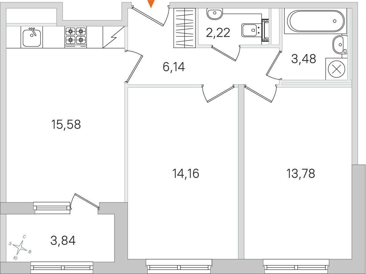 Планировка: 2-комнатная квартира, 55,4 м²