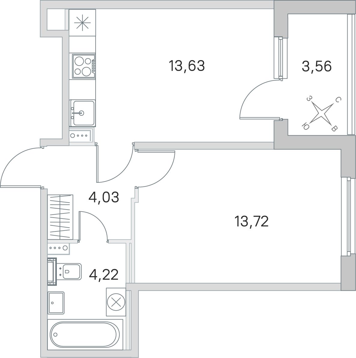 Планировка: 1-комнатная квартира, 35,6 м²