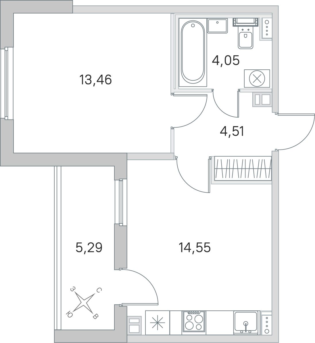 Планировка: 1-комнатная квартира, 36,6 м²