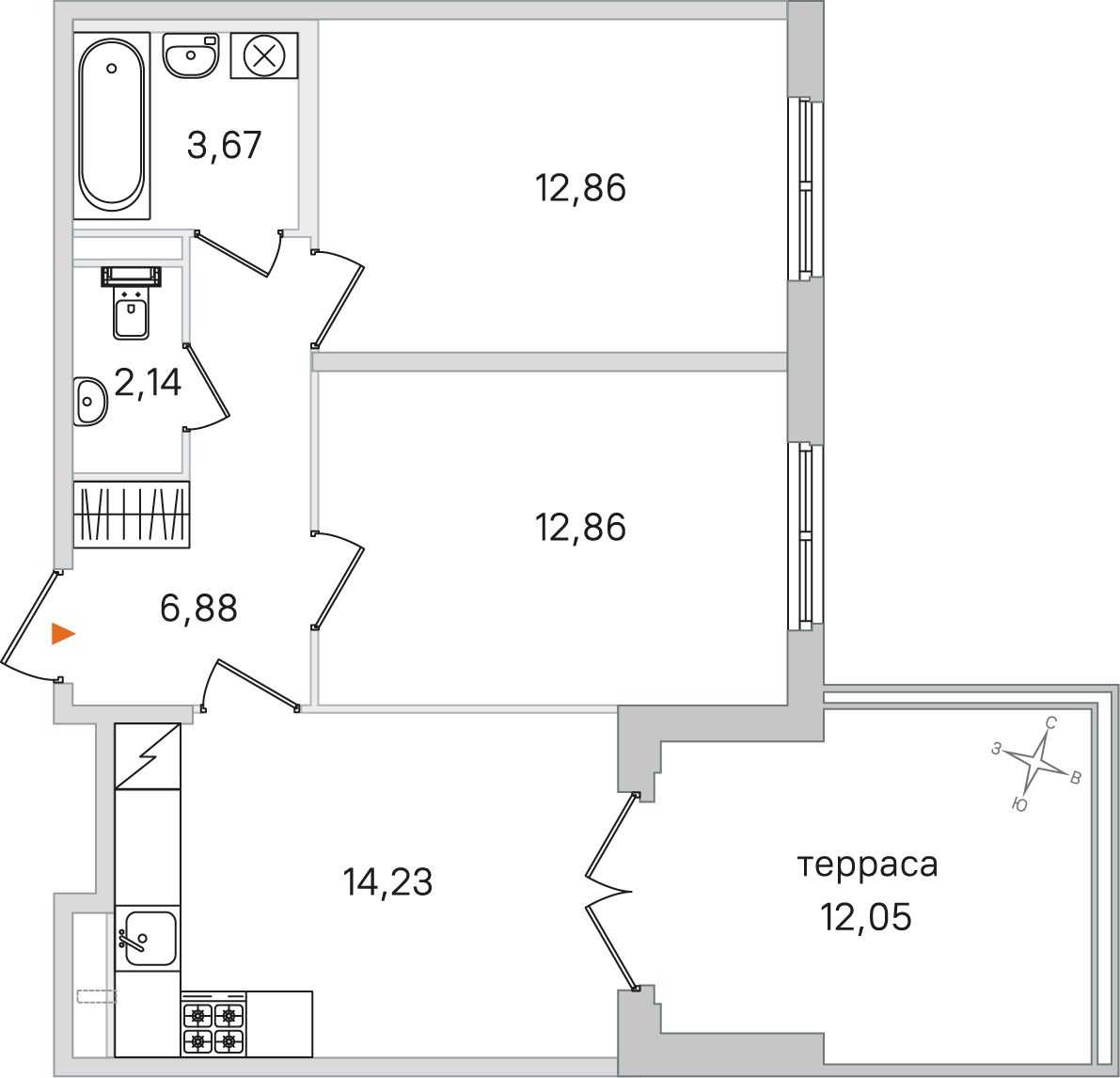 Планировка: 2-комнатная квартира, 52,6 м²