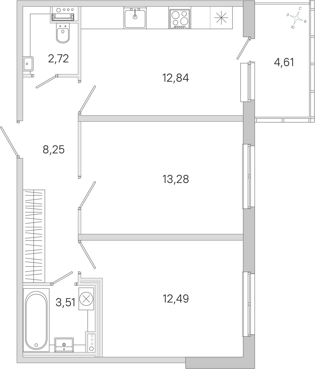 Планировка: 2-комнатная квартира, 53,1 м²