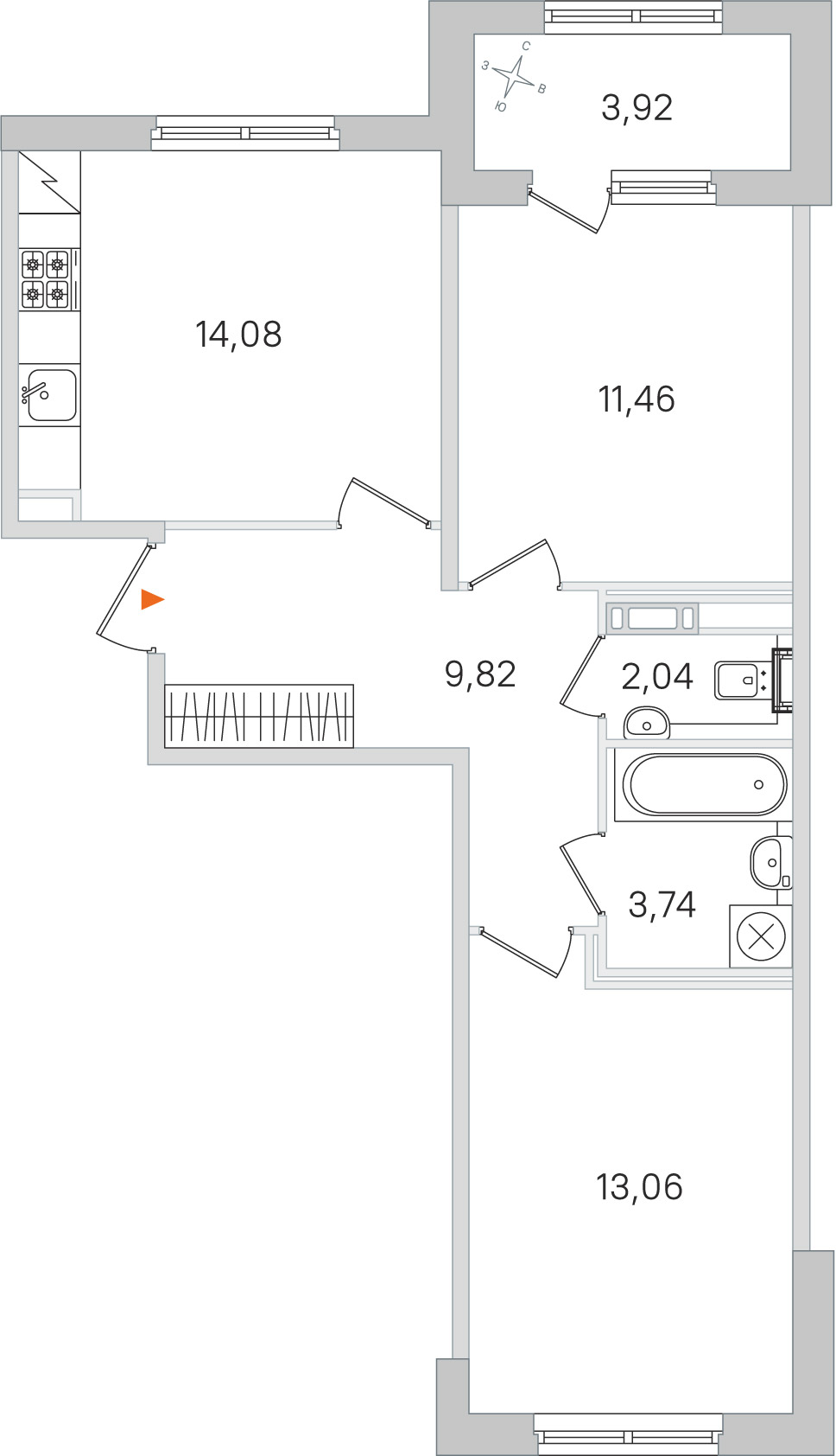 Планировка: 2-комнатная квартира, 54,2 м²