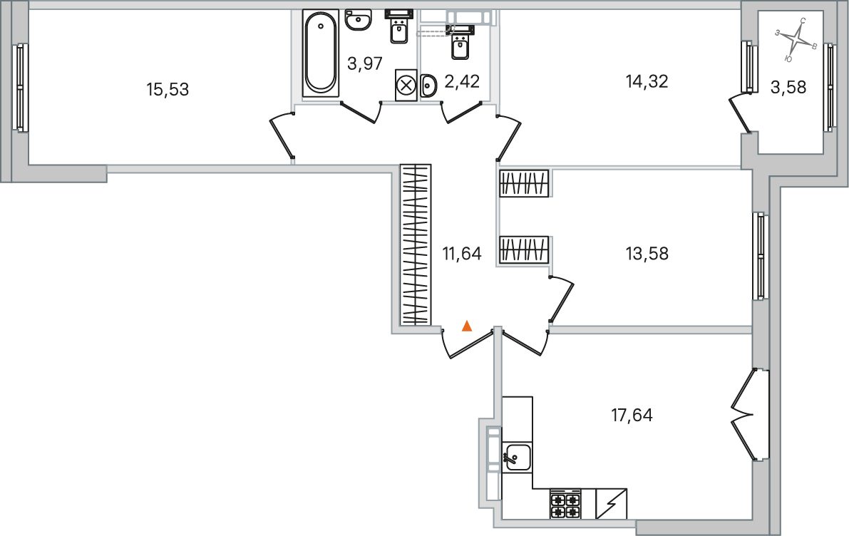 Планировка: 3-комнатная квартира, 79,1 м²