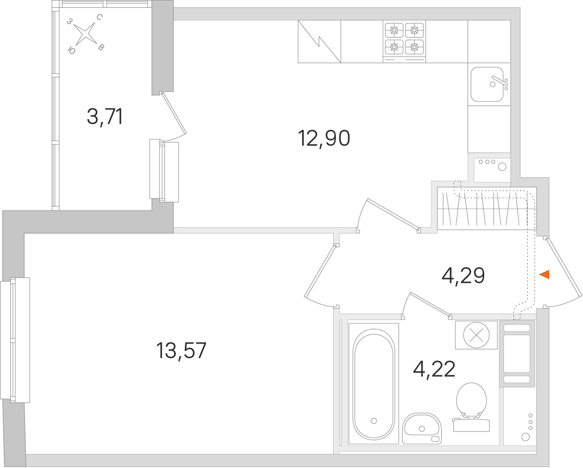 Планировка: 1-комнатная квартира, 35,0 м²