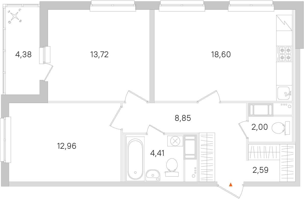 Планировка: 2-комнатная квартира, 63,1 м²