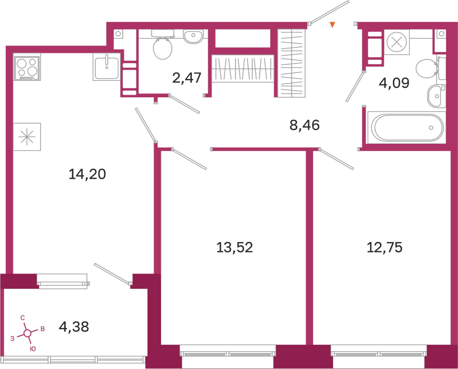 Планировка: 2-комнатная квартира, 55,5 м²