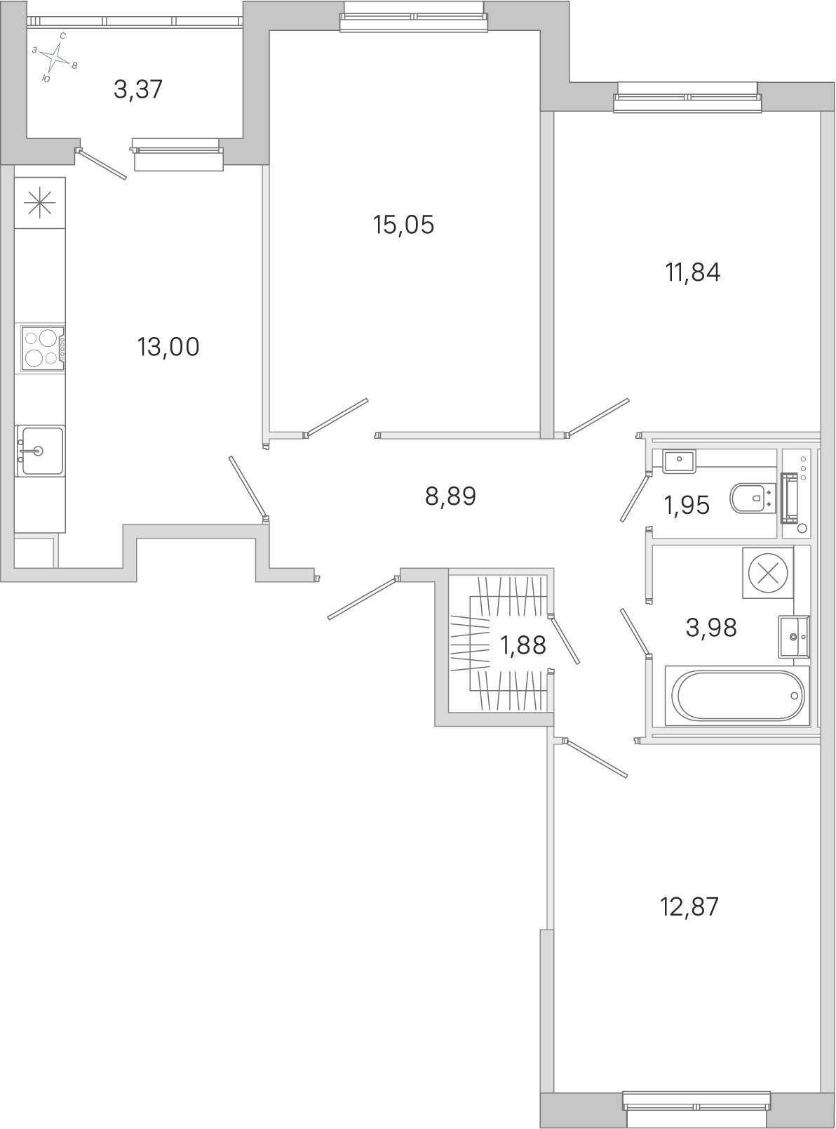 Планировка: 3-комнатная квартира, 69,5 м²