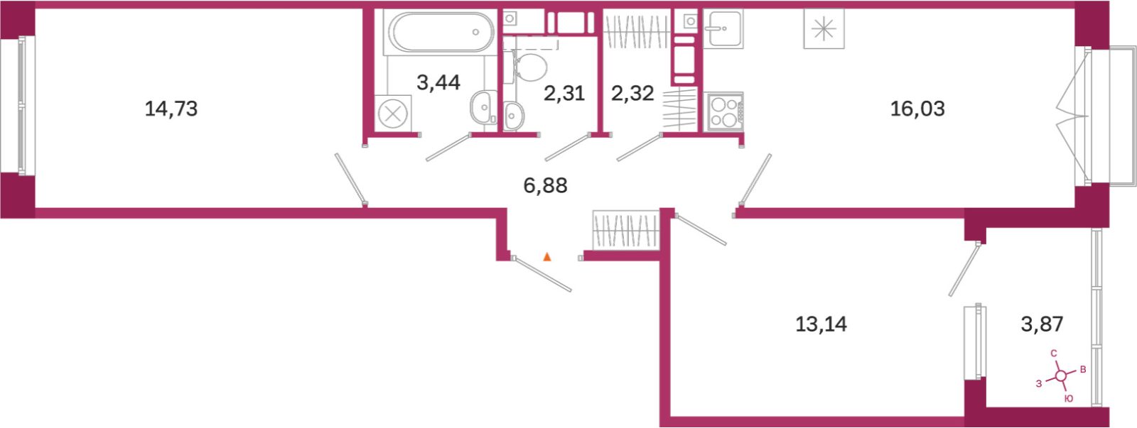 Планировка: 2-комнатная квартира, 58,9 м²