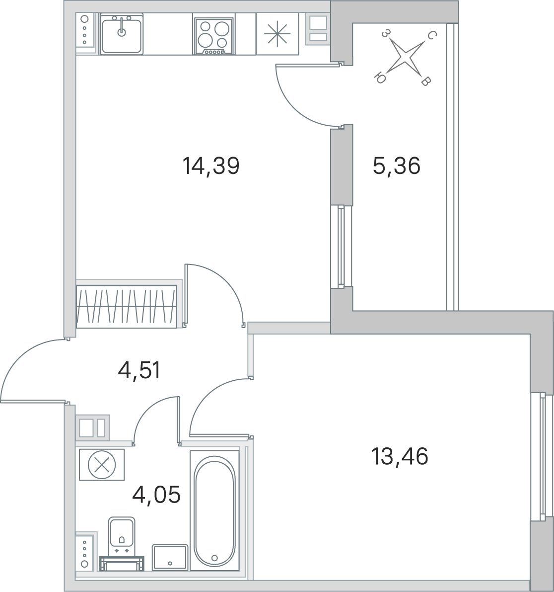 Планировка: 1-комнатная квартира, 36,4 м²