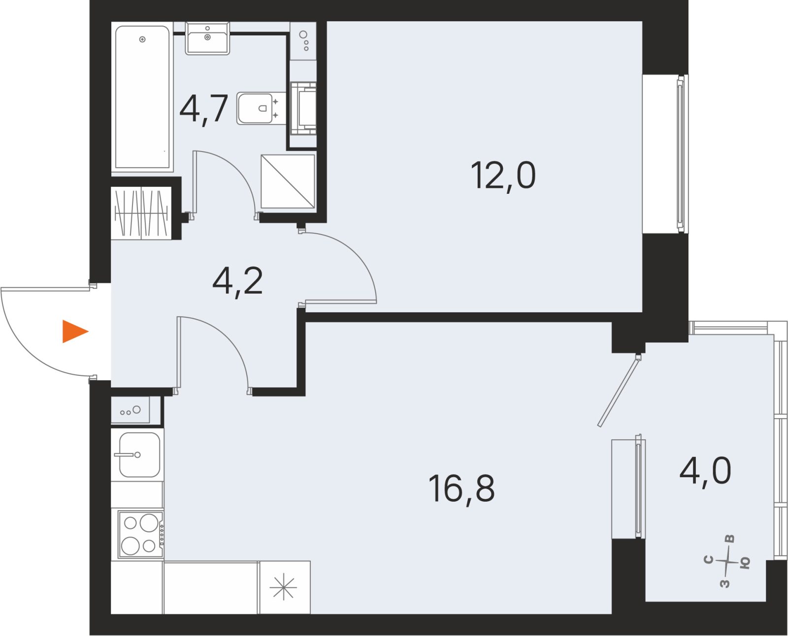 Планировка: 1-комнатная квартира, 37,7 м²
