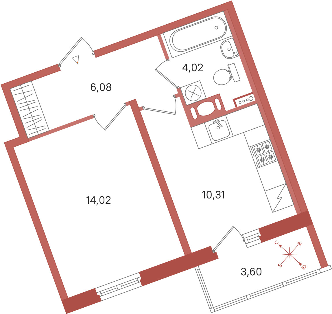 Планировка: 1-комнатная квартира, 34,4 м²