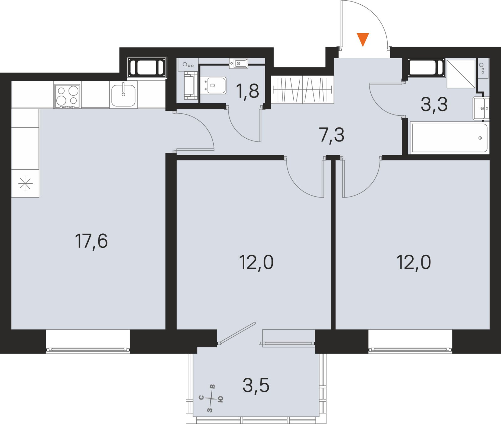 Планировка: 2-комнатная квартира, 54,0 м²