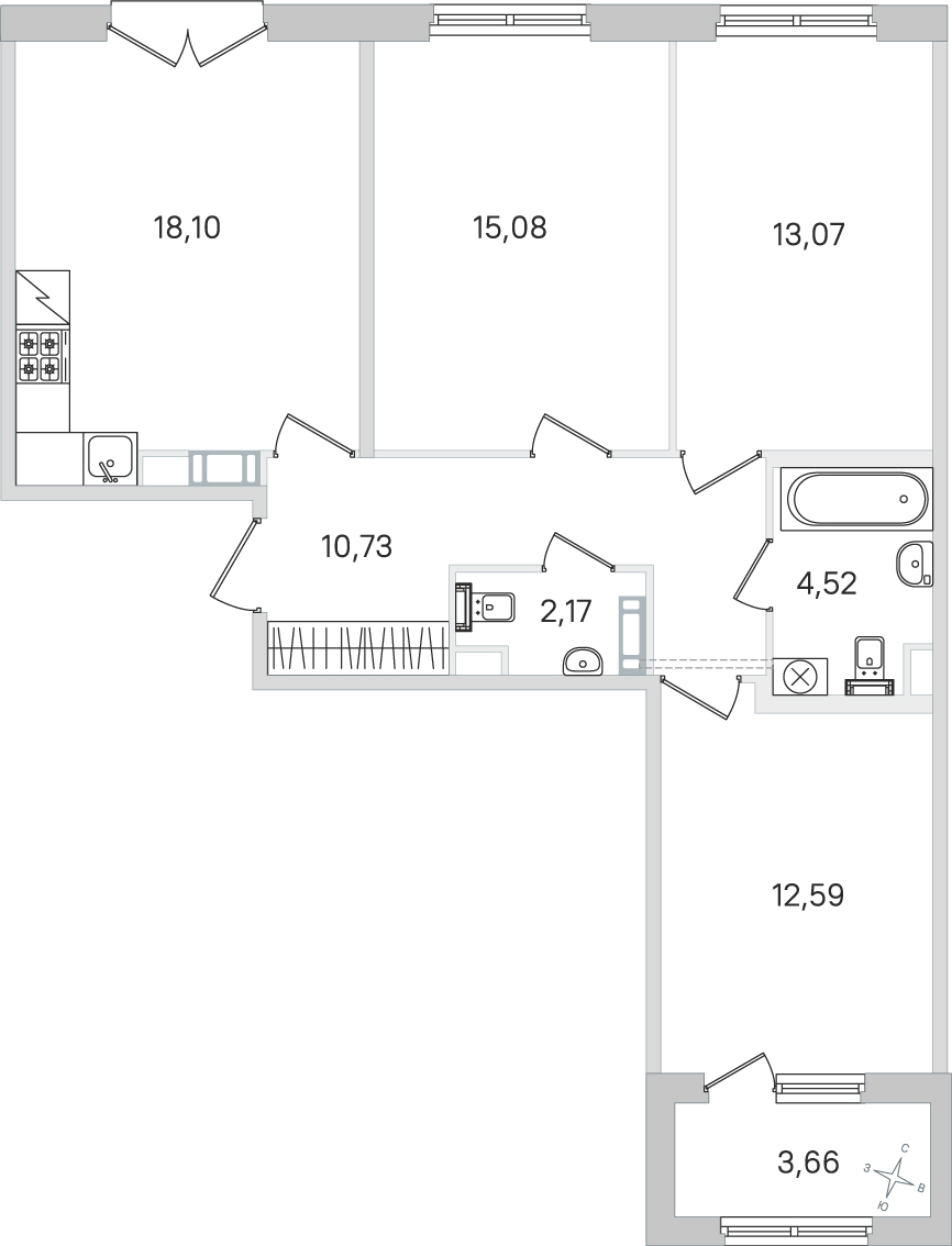 Планировка: 3-комнатная квартира, 76,3 м²