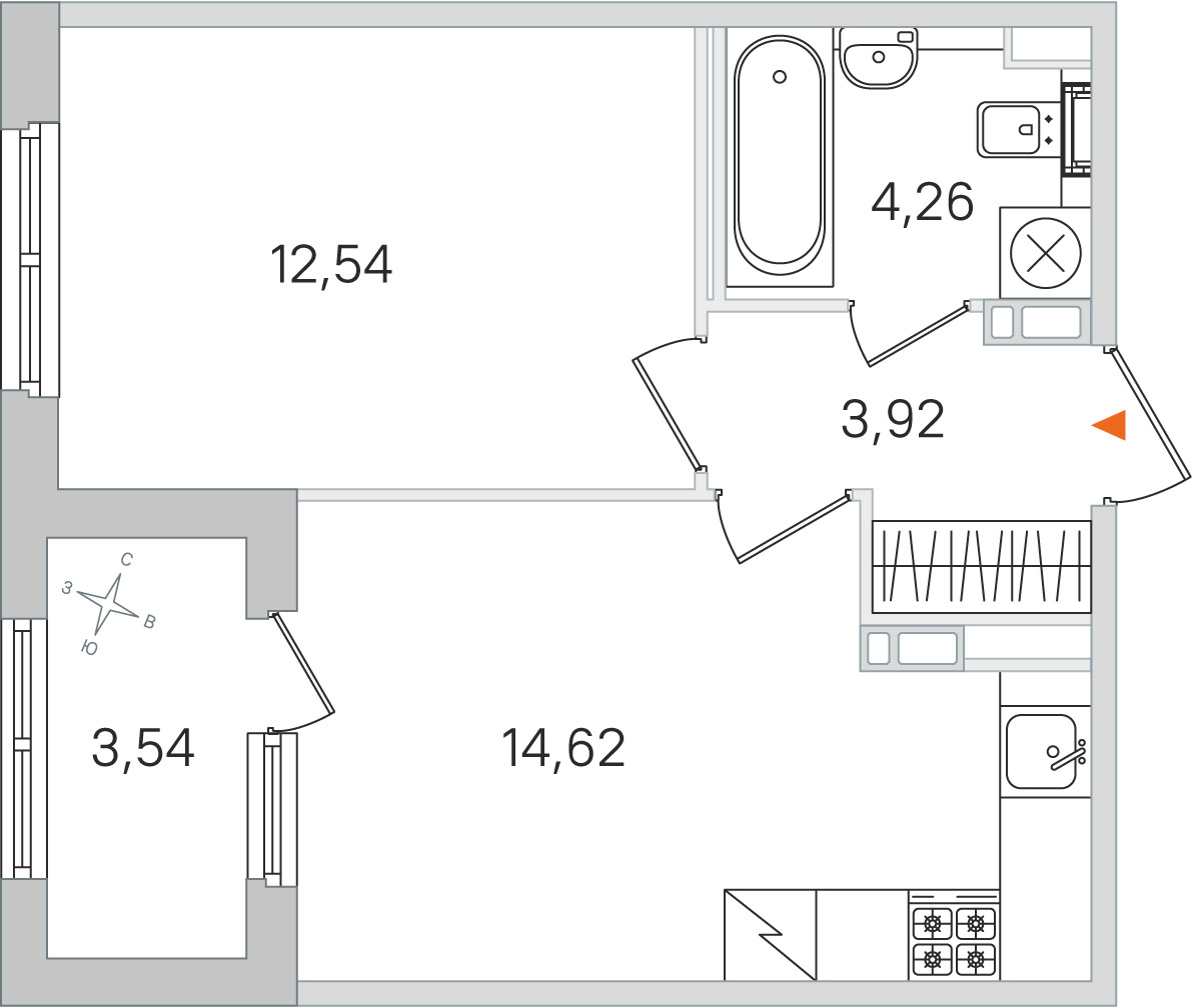 Планировка: 1-комнатная квартира, 35,3 м²