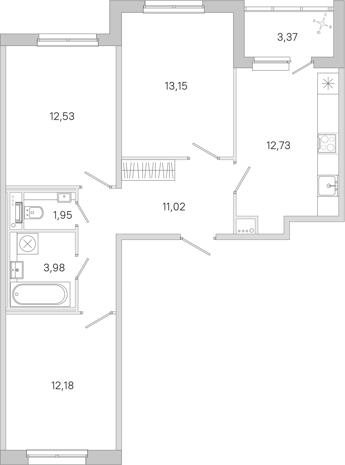 Планировка: 3-комнатная квартира, 67,5 м²