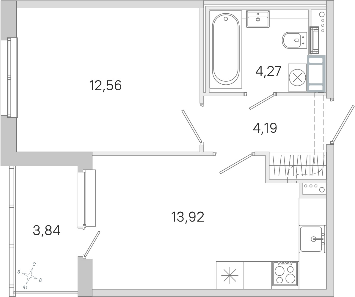 Планировка: 1-комнатная квартира, 34,9 м²