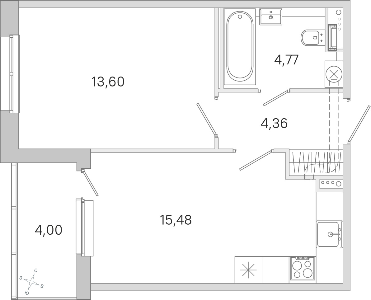 Планировка: 1-комнатная квартира, 38,2 м²