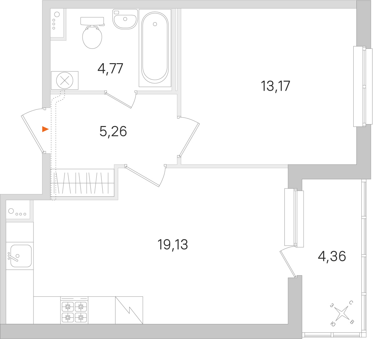 Планировка: 1-комнатная квартира, 42,3 м²