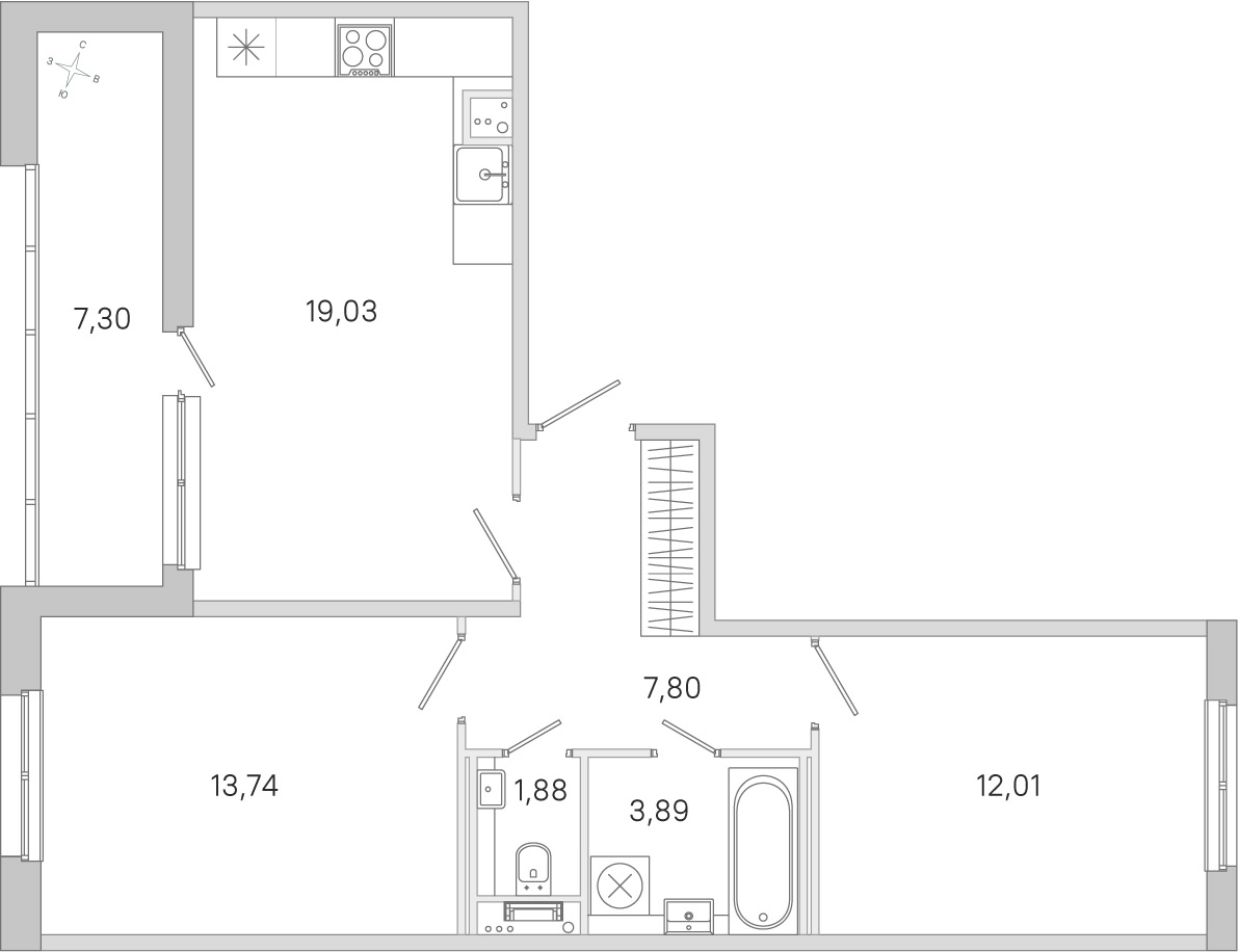 Планировка: 2-комнатная квартира, 58,4 м²