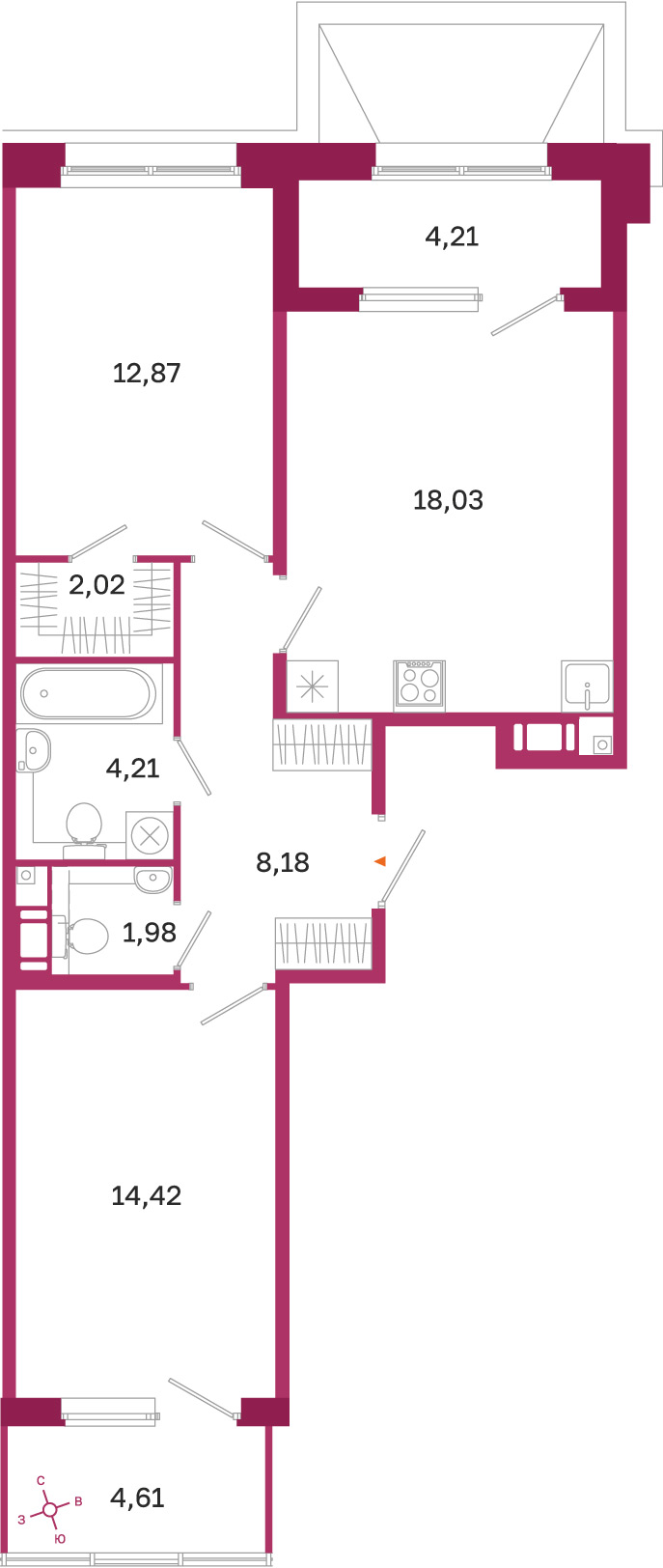 Планировка: 2-комнатная квартира, 61,7 м²