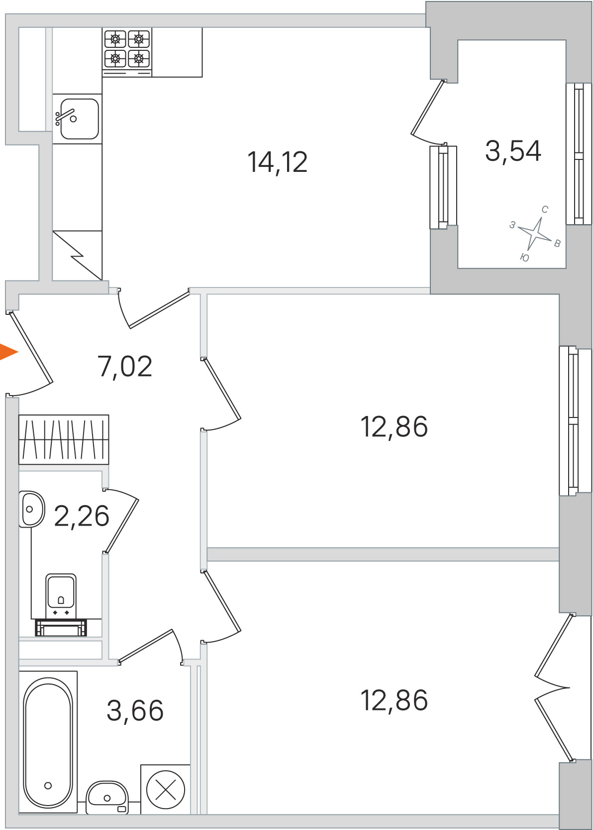 Планировка: 2-комнатная квартира, 52,8 м²