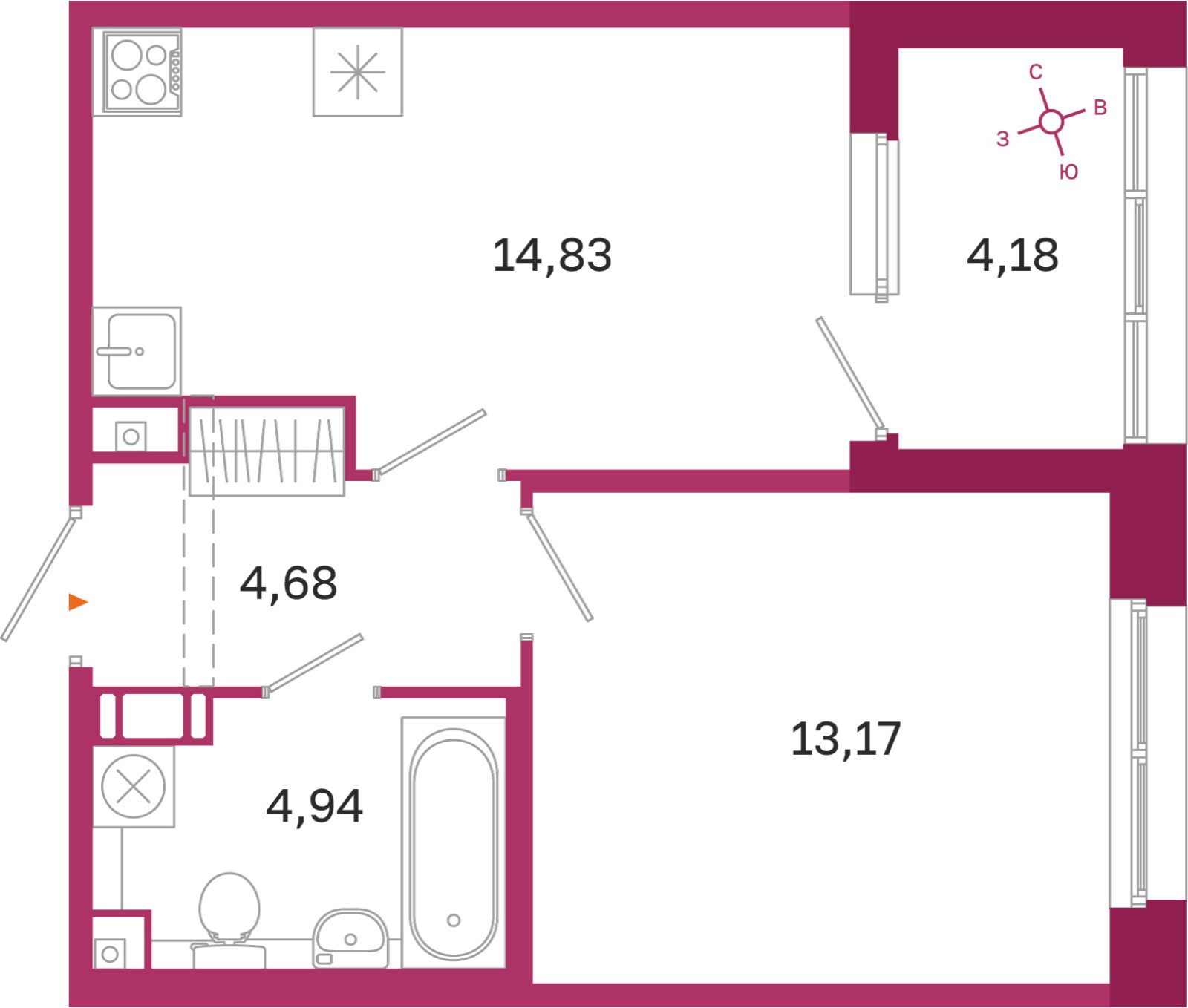Планировка: 1-комнатная квартира, 37,6 м²