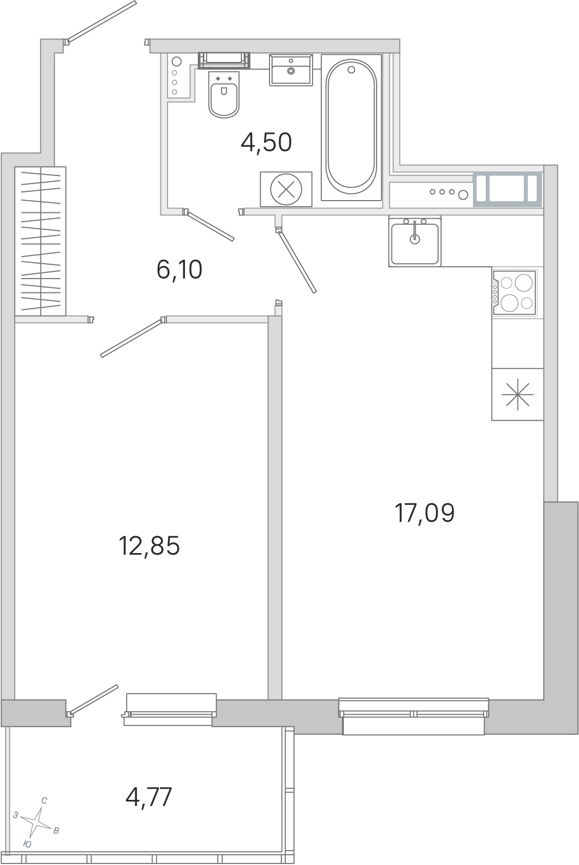 Планировка: 1-комнатная квартира, 40,5 м²
