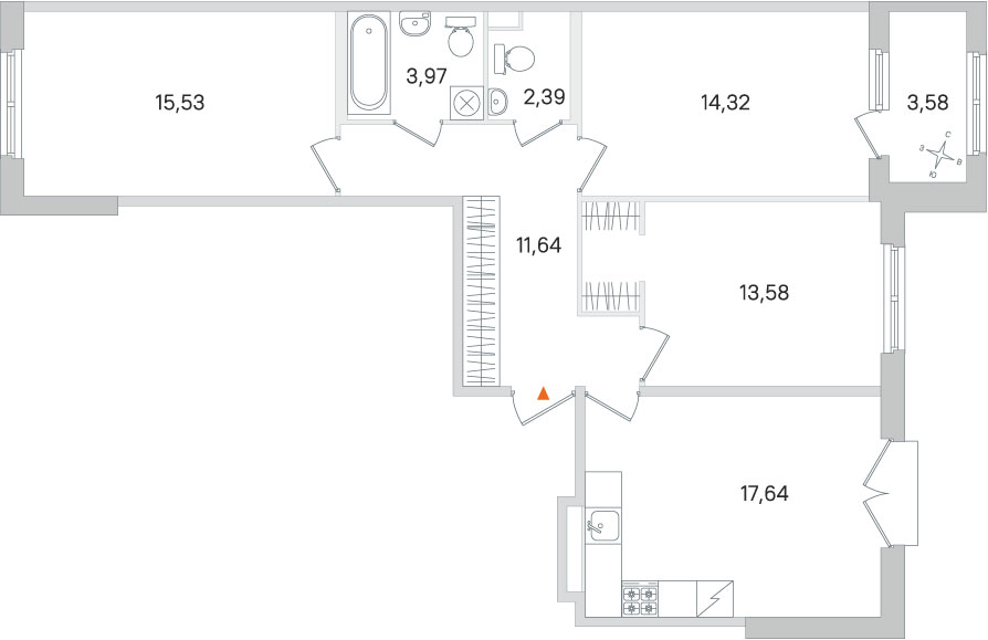 Планировка: 3-комнатная квартира, 79,1 м²
