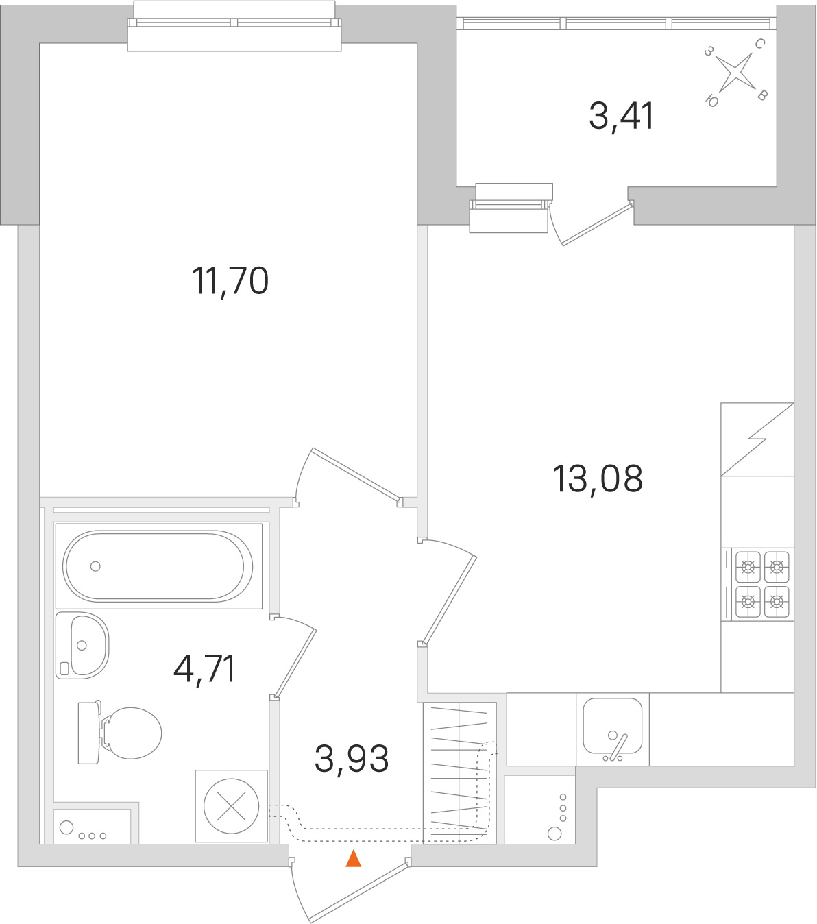 Планировка: 1-комнатная квартира, 33,4 м²