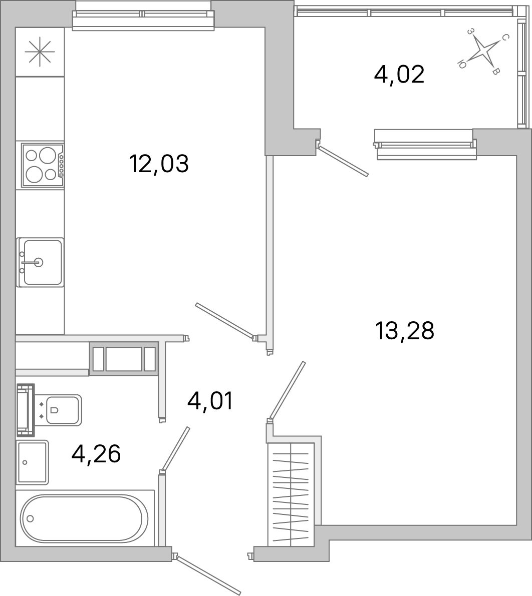Планировка: 1-комнатная квартира, 33,6 м²