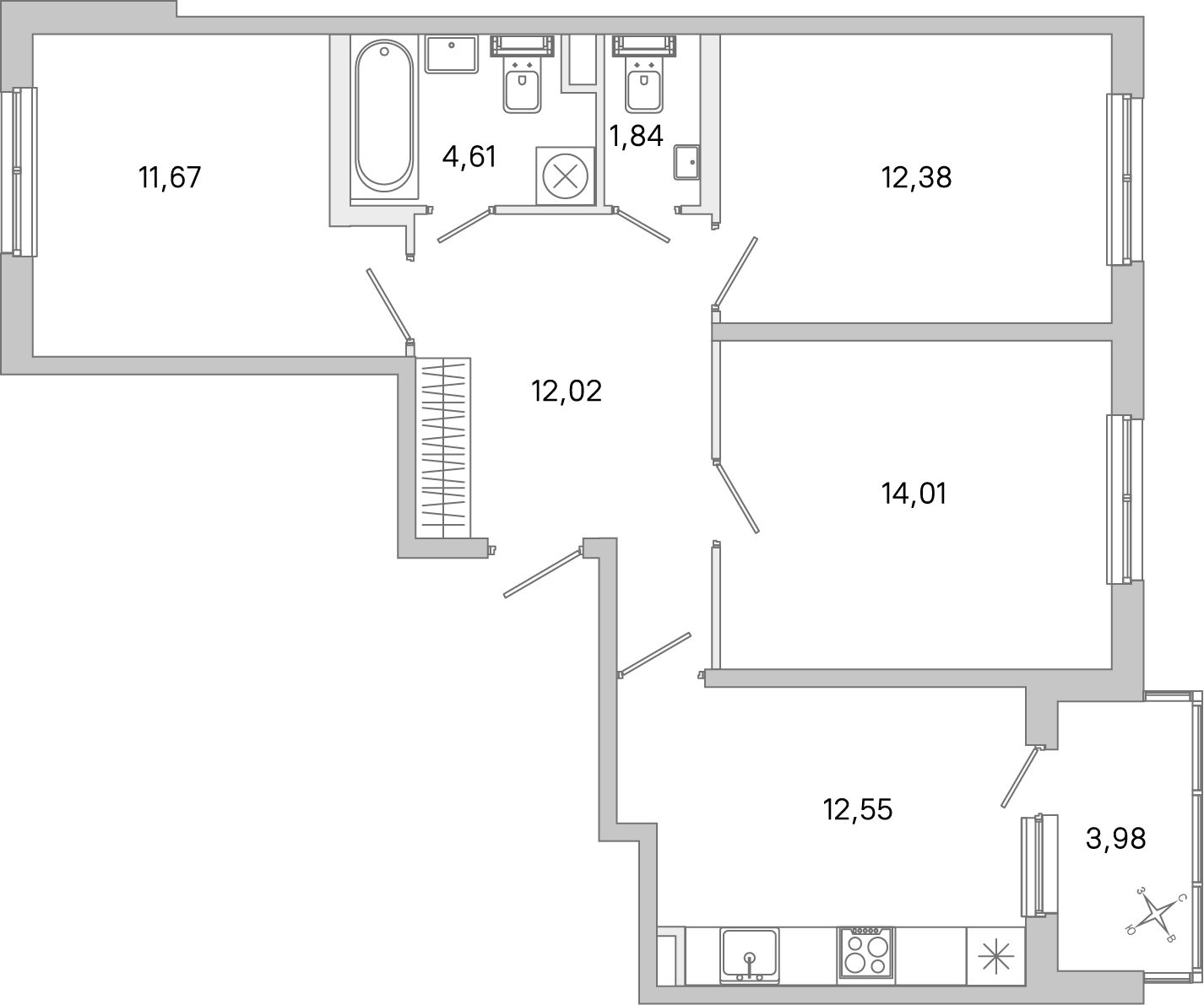 Планировка: 3-комнатная квартира, 69,1 м²