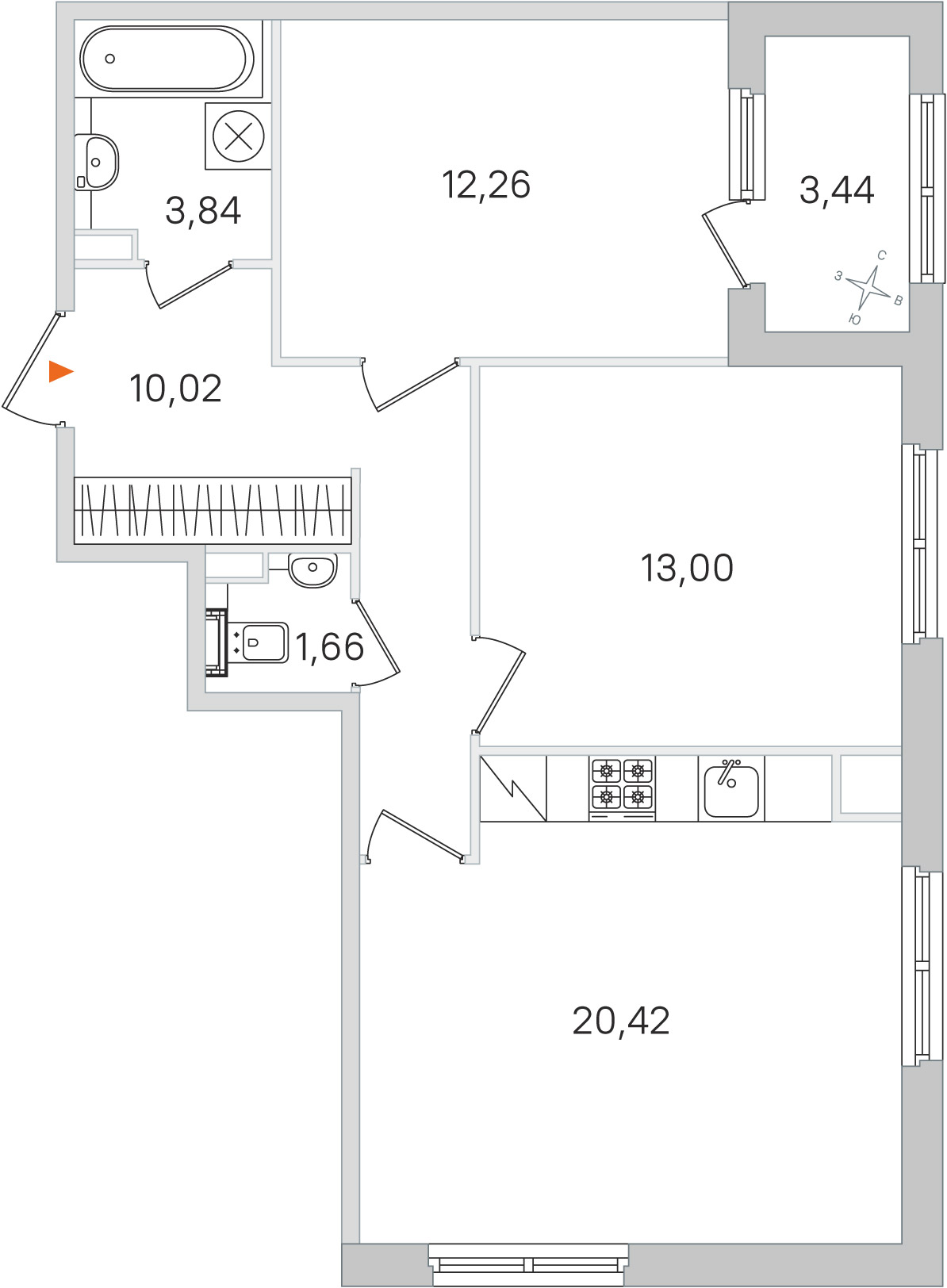 Планировка: 2-комнатная квартира, 61,2 м²
