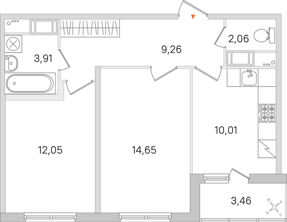 Планировка: 2-комнатная квартира, 51,9 м²