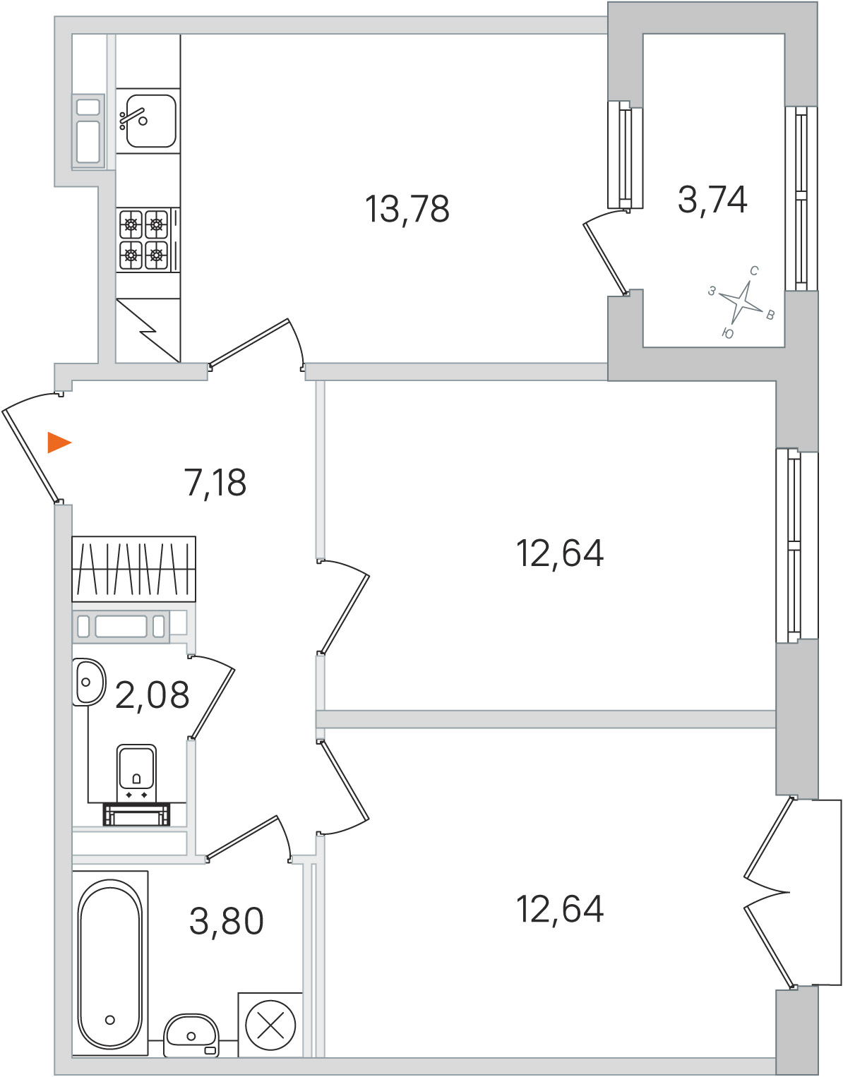 Планировка: 2-комнатная квартира, 52,1 м²