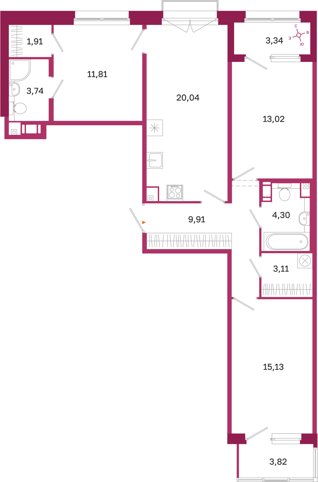 Планировка: 3-комнатная квартира, 83,0 м²