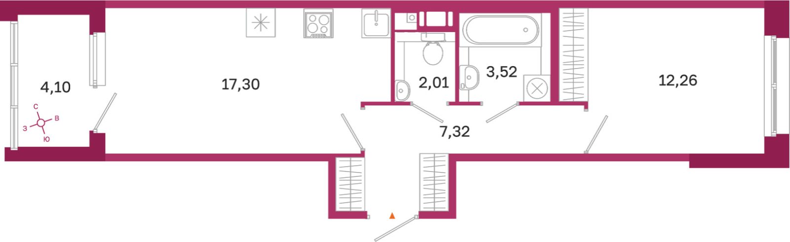 Планировка: 1-комнатная квартира, 42,4 м²
