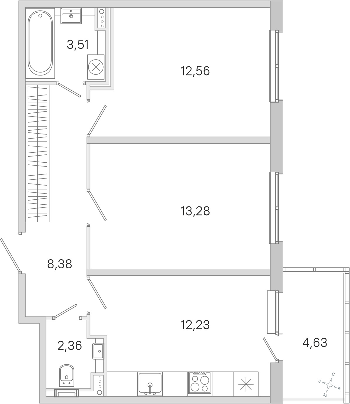 Планировка: 2-комнатная квартира, 52,3 м²