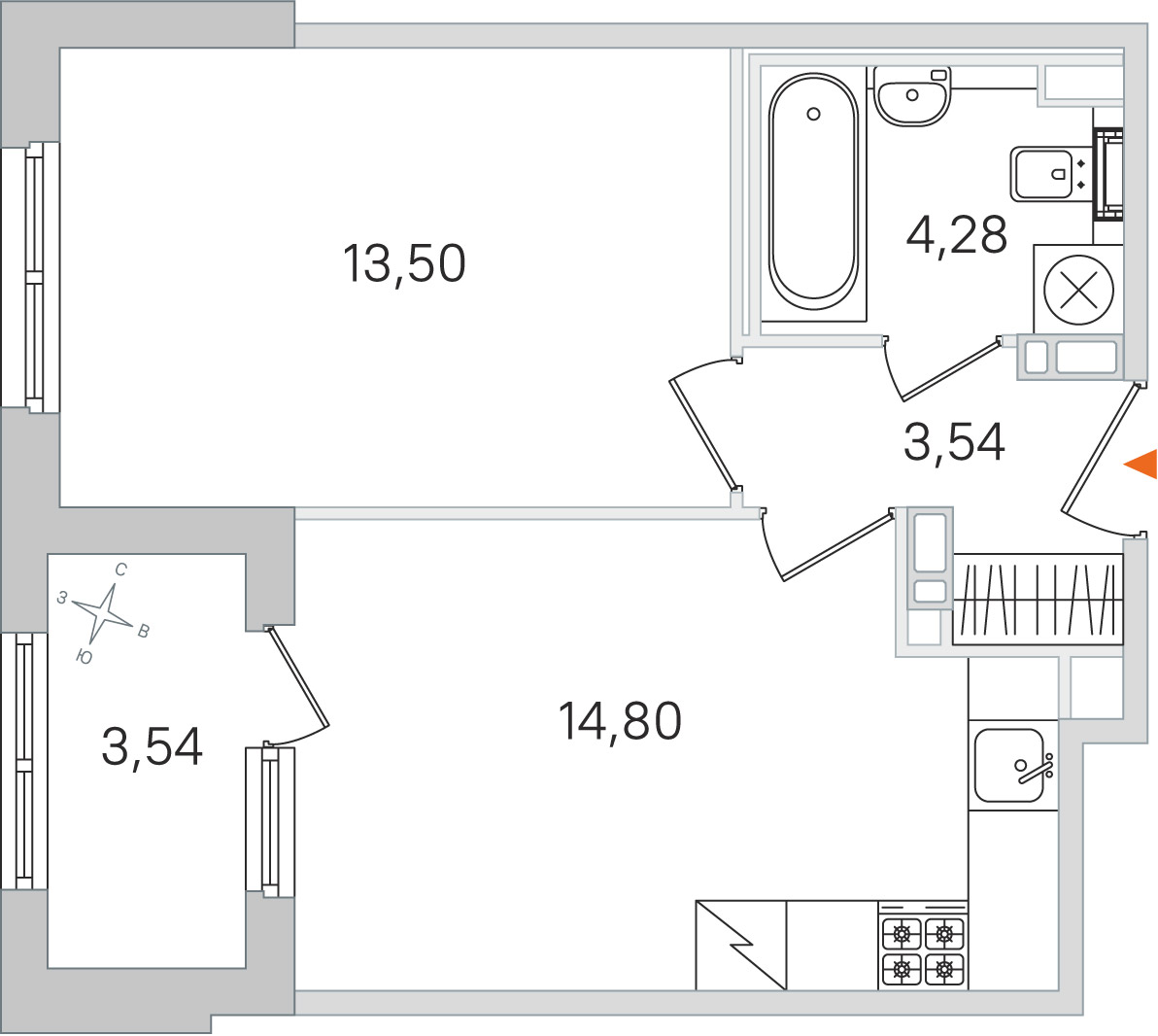 Планировка: 1-комнатная квартира, 36,1 м²